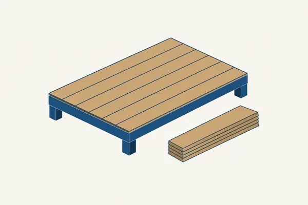 Parallel deck boards on a blue rim, beside spare boards.