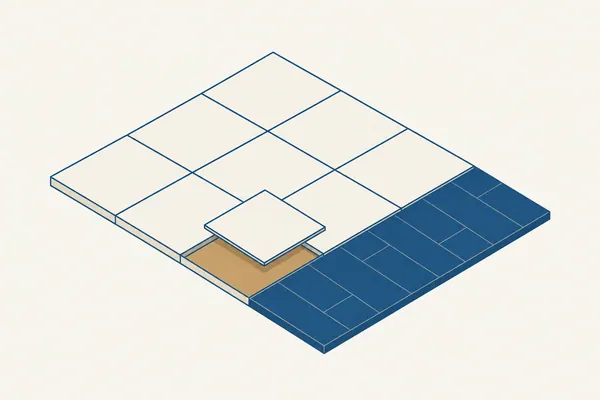 A tiled floor with a lifted tile and a section of plank flooring.