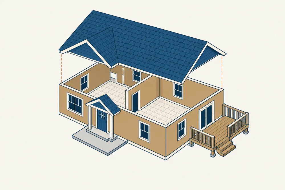 A house with its roof lifted to reveal the floors, walls, deck and concrete entrance.