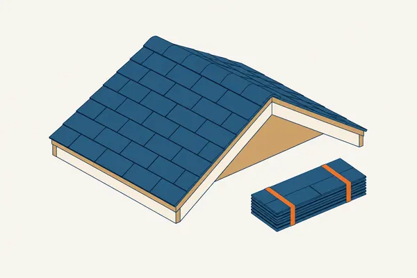A shingled roof and a separate bundle of shingles.
