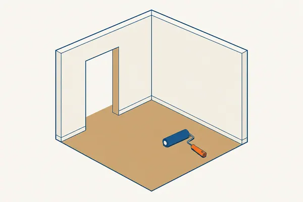 Two walls with a door opening and a paint roller.